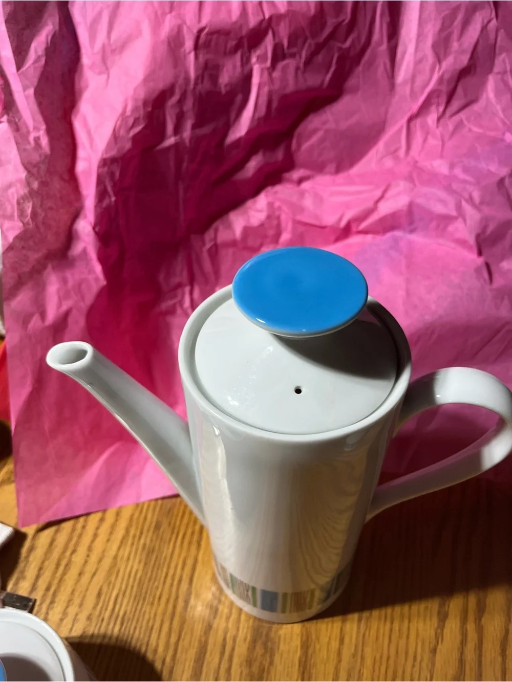 White Ceramic Coffee Set with Blue & Green Stripe Accent. MCM